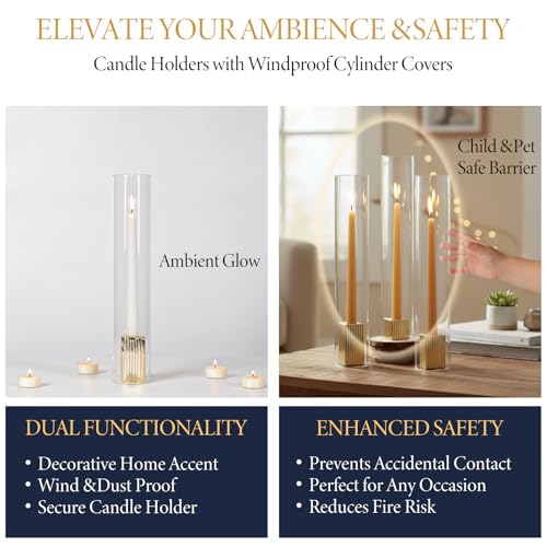 LETINE 14" Tall Hurricane Candle Holders with Gold Ribbed Taper Candle Holders Set of 3– Bulk Windproof Taper Candle Hurricane Glass for Outdoor&Indoors Wedding Centerpiece, Event & Home Decor - color: Gold, size: 14H"-3pcs+3pcs Taper Holder1.57"/2.36"/3.