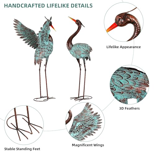 36.8" Extra-Large Blue Heron Decor, Handcrafted Metal Crane Statue with Stable U-Ground Stakes, Backyard Decoration, Metal Garden Bird Animal Yard Art, Lawn Ornament Decor - color: 36" -Distressed Patina Green