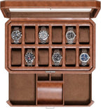 ROTHWELL 12 Slot Leather Watch Box with Valet Drawer - 12 Slot Luxury Watch Case Display Organizer, Microsuede Liner, Mens Accessories Holder, Jewelry Case, Jewelry Display Organizer (Tan/Brown) - color: Tan / Brown