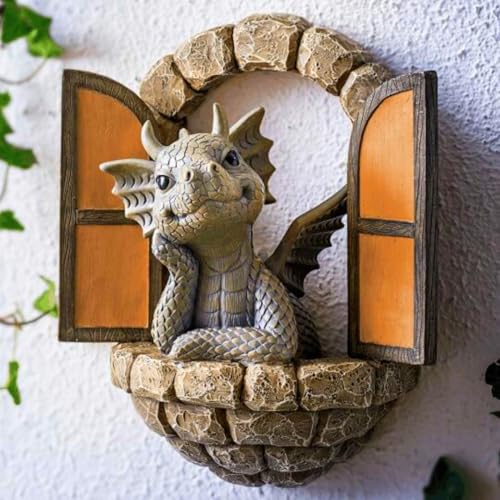 YWHWXB Garden Dragon Resin Sculpture,Lovely Outdoor Sculpture Ornaments,Garden Dragon Decor Statue for Home Patio Courtyard Lawn Decoration - color: Look Out the Window