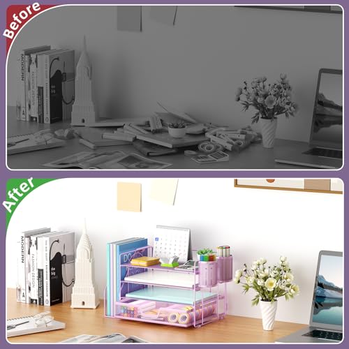 Marbrasse Desk Organizer and Accessories，4-Tier Paper Letter Tray Organizer with File Holder, Workspace Desk Organizers Accessories with Drawer and 2 Pen Holder (Purple, 15.4" x 9.1" x 8.3") - color: Purple