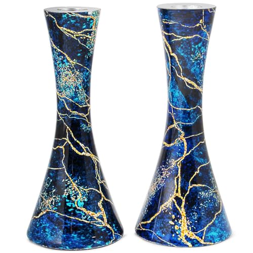Zion Judaica Marbel Decal Candle Holder Set of 2 - Marbleized Metal Modern Candlesticks 6.75" Hourglass Shape - Fits 7/8" Thick Tapered/Shabbat Candles Bat Mitzvah Gift for Jewish Wedding (Blue Burst) - color: Blue Burst