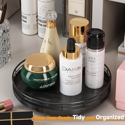 10" Oak Bathroom Vanity Tray Turntable for Perfume Candle, Round Wooden Decorative Tray for Kitchen Sink Countertop Organizer, Bathroom Counter Organizer for Skincare Makeup, Farmhouse Black Gold - color: Black, size: 10 inches