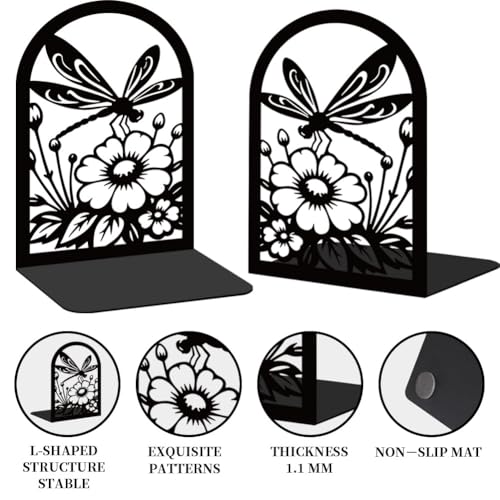 1 Pair Metal Bookends for Shelves, Dragonfly Book Ends Decorative for Heavy Books, Decorative Books Used on Desk, Shelf, Farmhouse for Small, Bookshelf Decor for Shelves Home and Office - style: Dragonfly
