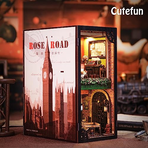 Cutefun Book Nook Kit, DIY Miniature Dollhouse Booknook for Adults, 3D Wooden Puzzle Bookend Bookshelf Insert Decor with LED Light, Gift for Craft Lovers (Rose Detective Agency) - style: Rose Detective Agency