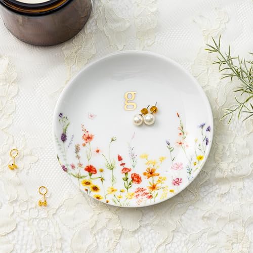 Crisky Initial Jewelry Tray Ring Dish & Gift Box, Ceramic Flower Trinket Dish for Rings Earrings Necklaces Keys, Bridal Shower Engagement Birthday Gift for Women, Friends 4.57" (Gold Foil G - style: Initial G