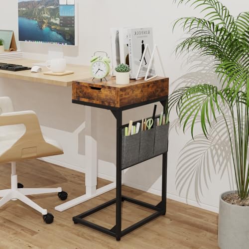 C-Shaped End Table with Drawer, Slide Under Sofa Storage Table with Metal Frame, Modern Design for Living Room, Bedroom, or Small Spaces, Vintage Brown - color: Drawer-vintage Brown, size: 1