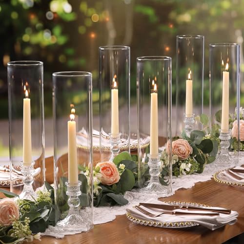 6 Set Hurricane Glass Candle Holders for Taper Candles, Candlestick Holders with Windproof Glass Tubes 13.4" H, Taper Candle Holders for Wedding, Dinner Table Centerpieces, Festival and Party Decor - size: 3.3"D-13.4"H -6pcs+6pcs Diamond Candlestick Holde