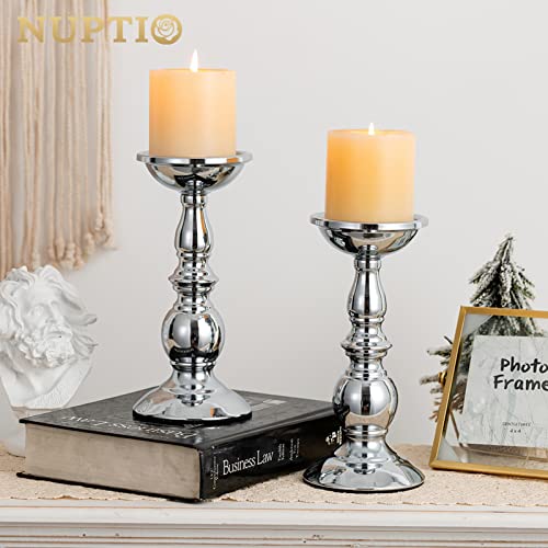 Nuptio Silver Pillar Candle Holders, Wedding Centerpieces Metal Candle Holder for 3 inches Candles Stand Decoration Ideal for Weddings Special Events Parties Living Room, 2 Pcs - color: Silver, size: L + L
