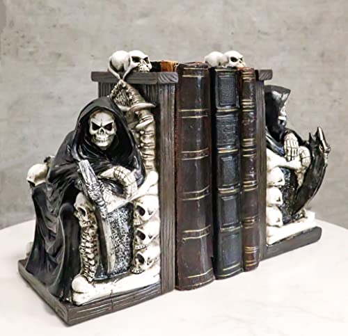 Ebros Gift Gothic Grim Reaper Dark Lord Sitting On Skulls and Skeleton Bones Thrones Pair of Bookends Statue 7" Tall Bibliography Macabre Ossuary Figurine As Halloween Decor