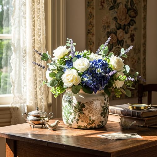 Vintage Planter Large Ceramic Plants Pot Beige Green Leaves Ice Crack Farmhouse Scroll Vase Flower Vase Pot Indoor Outdoor Home Kitchen Decor Rustic Cottage Antique Decorative Plants Gift - color: Beige Green, size: Leaves