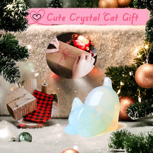 2" Opal Opalite Cat Figurine Decor Crystal Statue Stone Carved Figurines for Lazy Cat Healing Crystals Spiritual Sculpture Desk Office Room Home Lucky Kitten Gifts for Cat Lovers Women Men - color: White-opalite
