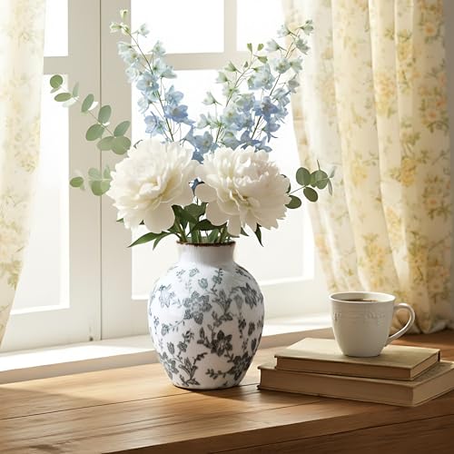 SIDUCAL Ceramic Vintage Vase, 5.83 Inch Retro Ice Cracked Chinoiserie Floral Vase, Rustic Farmhouse Vases for Home Decor, Bookshelf, Garden, Chinoiserie Decor, Tuscan Decor, Gray Floral Pattern - color: 18443-gray
