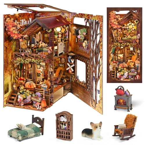 TOYQI Book Nook Kit, Book Nook Kits for Adults, DIY Miniature Dollhouse Kit 3D Wooden Puzzle Booknook Bookend with LED Light - style: TWILIGHT COTTAGE