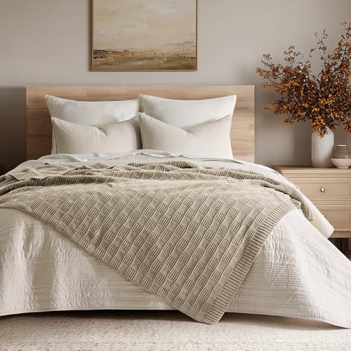 EVERGRACEHOME Modern Checkered Chenille Throw Blanket, Soft Cozy Plaid Knitted Chair Blanket for Sofa Couch, Decorative Knit Throw for Bed and Living Room, Sand Dune, 50" x 60" - color: Checkered Sand Dune, size: 50" x 60"