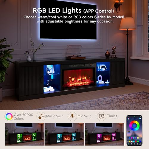 LGHM 70'' LED TV Stand with Fireplace, Stylish Modern Entertainment Center with 2 Slip Doors for TVs Up to 80”, Media Console with Storage for Living Room, Black - size: 22''H & Fireplace