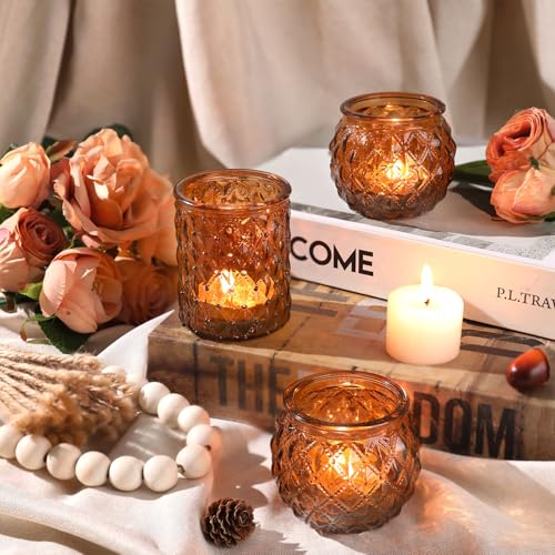 DARJEN Amber Votive Candle Holders Set of 24- Round Candle Holders Bulk, Glass Candle Holder for Vintage Decoration, Tea Lights Candle Holders for Wedding Home Party & Gift - color: Amber, size: 24 Pcs