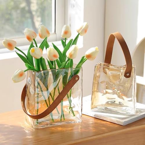 Handmade Leather - Handle Handbag - Style Glass Vase - Simple Elegance for Your Space(Amber) - color: Amber