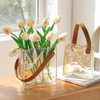 Handmade Leather - Handle Handbag - Style Glass Vase - Simple Elegance for Your Space(Amber) - color: Amber