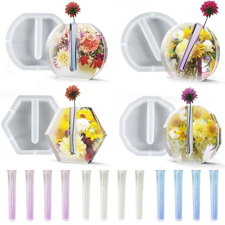 Resin Molds Vase Plant Propagation Station Epoxy Silicone Molds with 12 Test Tubes Hydroponic Flower Holder Home Office Decoration (Round, Semicircle, Oval, Dodecagon) - color: 4 vase mold 12 tubes