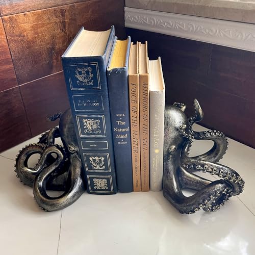 Bronze Octopus Bookends Set of 2 – Nautical Coastal Polyresin Sculptures for Bookshelves, Office, Bedroom, Library – Distressed Painted Finish, Ocean Animal Decor, Unique Gift, Felt Pad Feet - color: Octopus - Bronze