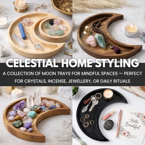 Natural Pine Wood Moon Crystal Display Tray with Dish - Wooden Altar Tray 9.6" x 4.2" for Crystals and Stones Storage - Solid Wood Jewelry Organizer - Bohemian Spiritual Decor - color: Natural With Tray