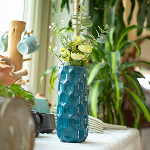 Bdor Ceramic Vase, 11in Flower Vase, Blue Honeycomb Vase for Room Decor, Modern Farmhouse Home DéCor Accents, Living Room Decor, Book Shelf, Mantel and Minimalism Dining Coffee Table Decor. - color: Blue