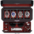 ROTHWELL 4 Slot Leather Watch Box with Valet Drawer - Luxury Case Display Jewelry Organizer, Locking Display Case Holder with Real Glass Top - Watch Box Organizer for Men & Women (Red) - color: Black / Red