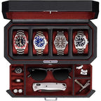 ROTHWELL 4 Slot Leather Watch Box with Valet Drawer - Luxury Case Display Jewelry Organizer, Locking Display Case Holder with Real Glass Top - Watch Box Organizer for Men & Women (Red) - color: Black / Red