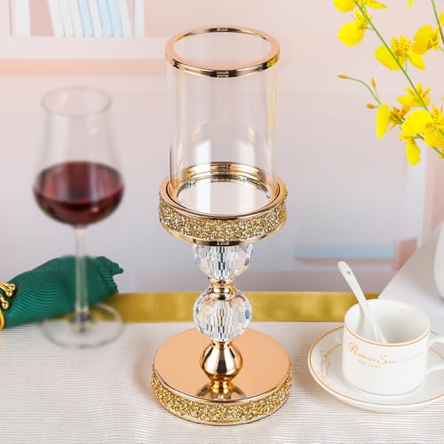 Pillar Candle Holder, 13 Inch Crystal Candlesticks for 3''X5'' Candles, Dining Coffee Table Decor, Wedding, Events, Parties - Glass and Gold Finish - size: 2 crystal balls