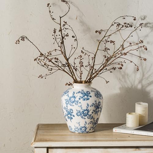 Blue and White Vase, 8 Inch Vintage Chinoiserie Ceramic Vase, Rustic Flower Vases Decorative Antique Vases for Home Decor, Retro Ice Cracked Porcelain Farmhouse Table Centerpieces Decor - color: Blue & White, size: Round