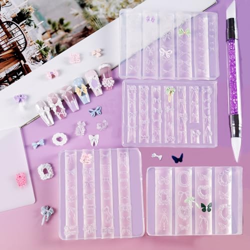 Laza 4pcs Silk Bowknot Silicone Nail Art Molds, Acrylic 3D Bowknot Nail Charms Molds Clear Modeling Templates Silicone Bow Pattern Nail Tools with Sculpture Pen for Salon Nail Design Resin Epoxy DIY - color: Silk Bowknot
