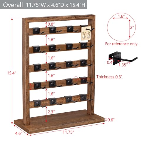 Ikee Design 5 Tiers Free Assemble Wooden Jewelry Display Rack with 20 Removable Metal Hooks,Earring Card Display Stand,Jewelry Organizer,Bracelet Organizer,Keychain Display Stand,Brown Color - color: 2) Brown