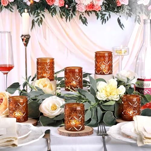 24 Pcs Vintage Amber Votive Candle Holders, Amber Glass Tea Lights Candle Holder for Wedding Table Centerpiece,Vintage Boho Party Home Fall Decor,Thanksgiving and Christmas - color: Amber