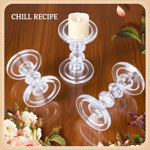 CHILL RECIPE Glass Candle Holder Set of 3, Big Heavy Tall Crystal Candlestick Holder for Pillar Candles Taper Candles, Christmas Decoration Wedding Table Dinning Church Centerpiece - color: Clear