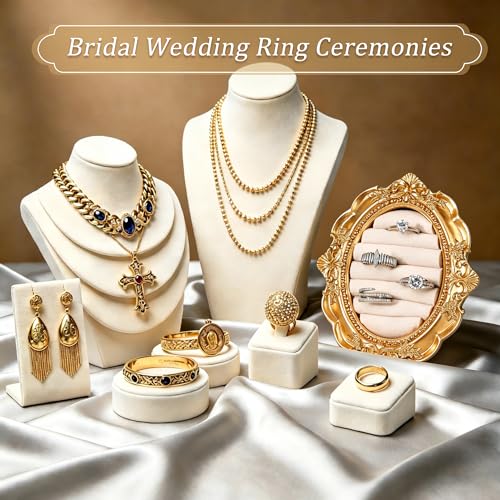 Vintage Ring Holder Rectangle Gold Velvet Display Stand - Baroque Jewelry Organizer Box Tray for Wedding Engagement Anniversary Women Birthday Christmas Gift Photograph Prop (MPF05-White) - color: MPF05-White