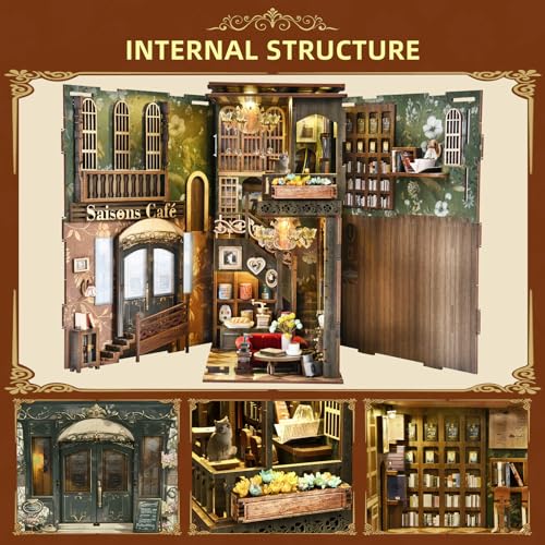 MiniCity Book Nook Kit, DIY Doll House Booknook, Miniature Kit for Bookshelf Doll Houses for Adults Teen Halloween, 3D Wooden Puzzle Bookends with Led Light and Dust Cover (Saisons Café) - style: Saisons Café