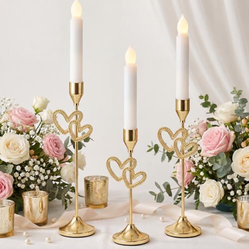 Ceenna 3 Pcs Gold Heart Candle Holders, 3 Size Taper Candle Holder Heart Shaped Candlestick Holders Brass Vintage Modern Centerpiece Decor for Wedding Valentine's Day Table Housewarming Gift - style: Loving Heart