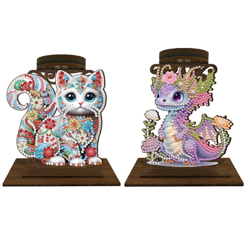 BAYUNOE 2Pcs DIY Candlestick Holders Wooden Desktop Diamond Art Painting Candle Holder Double-Sided Diamond Vintage Modern Decorative for Table Mantel Wedding Dinning Party-05 - color: 2pcs-05