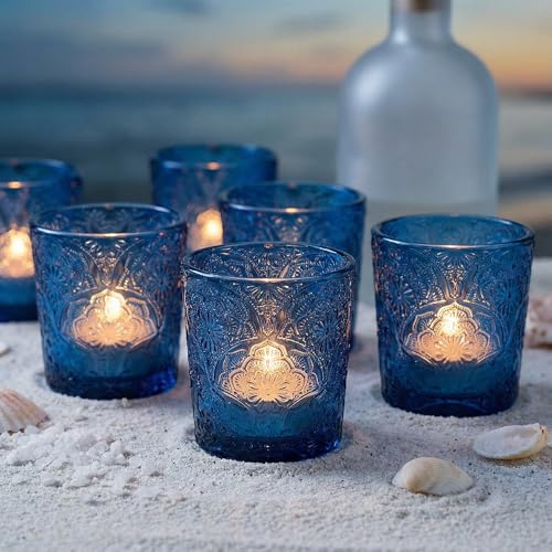 12 Pack Mandala Embossed Glass Candle Holders – Votive Tealight Holders with Patent Design, Decorative Embossed Glass Cups for Wedding Centerpieces, Parties, and Home Décor (Ocean Blue) - color: Ocean Blue