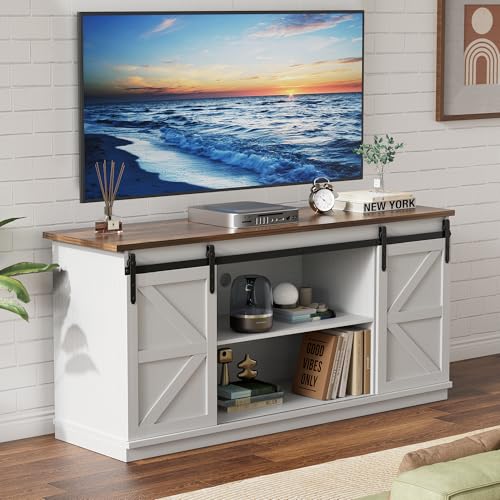 YESHOMY Farmhouse TV Stand for Televisions up to 65 Inches, Sliding Barn Doors and Storage Cabinets, Console Table and Media Furniture for Living Room, 58 Inch, White - color: White, style: Sliding Barn Doors TV Stand