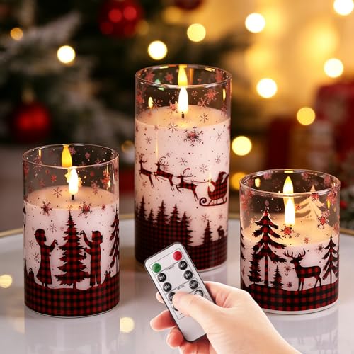 Eywamage Christmas Flameless Pillar Candles with Remote, Red Buffalo Plaid Table Decor, Flickering LED Pillar Candles Set of 3 - color: Red Buffalo Plaid