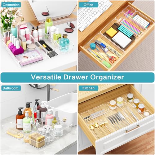Manalete Drawer Organizers Set of 12, 4 Sizes Clear Plastic Drawer Organizers and Storage Bins for Kitchen, Bathroom, Office, Dresser Desk Drawer Organizer Tray for Jewelry, Makeup, Junk, Gadgets