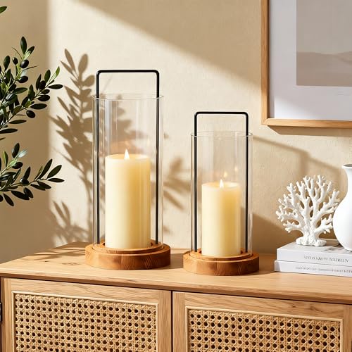 Houmury Set of 2 Hurricane Candle Holders Lantern 12” & 10”with Wood Base Metal Handle Glass Cylinder Modern Farmhouse Decor for Home Decoration, Table Centerpieces (Warm Amber Brown) - color: Warm Amber Brown