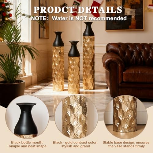 Floor Vases, Tall Home Decor Metal Vase Set of 3 Large Glazed Decorative Vases for Wedding Decor, Elegant Modern Flower Holder for Living Room, Entryway, Hallway, Dining Room - color: Hexagon Black Gold