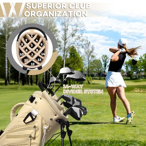 Luxury Womens Golf Bag, PU Leather Golf Stand Bag for Women/Ladies, 14-Way Full-Length Top Dividers, Ultra Lightweight, Large Pockets for Accessories - color: Sandstone