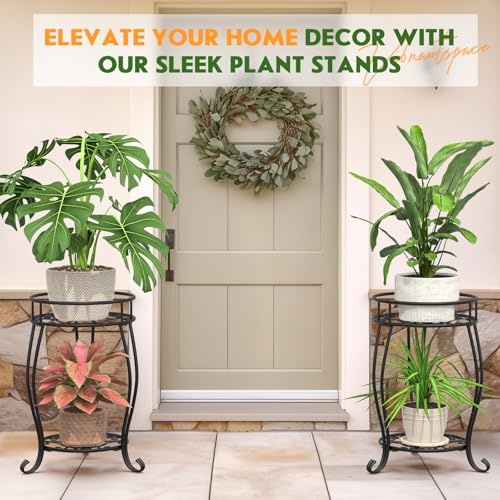 TOSKING 2-Tier & 9.1'' Single Metal Plant Stand Set – Single Stand with Adjustable Leveling Feet, Rustproof Heavy Duty Flower Pot Holder for Indoor/Outdoor, Stable Multiple Plant Rack for Balcony Garden Patio Living Room Bedroom, Black - size: 2Tier-19.5'