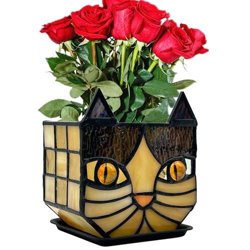 Yellow Cat Plant Pot with Drainage,Cute Planters for Indoor Plants,Stained Glass Cat Flower Pots,Fun Candle Holder Glass Container,Gifts for Gardeners Woman - color: Black-yellow