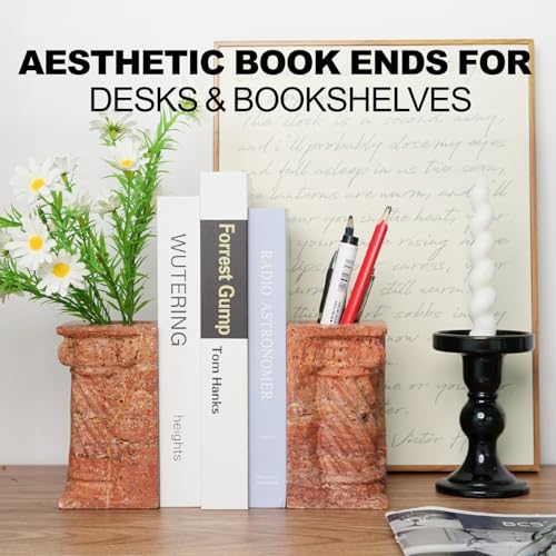 Decorative Roman Column Book Ends & Vase - Heavy Duty Marble Book Ends for Heavy Books, Vintage Home Office Decor, Dual Use as Flower Vase, Natural Stone Bookends for Shelves (2PC, Red) - style: Classical -Red