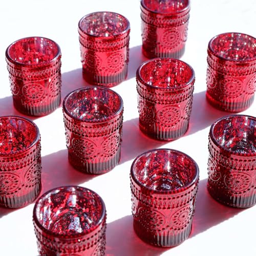 VOHO Red Mercury Glass Candle Holder Set of 12, Boho Sunflower Red Votive Candle Holders for Table Centerpiece, Festive Tealight Candle Holder for Christmas, Thanksgiving, Valentines Day Decorations - color: Red